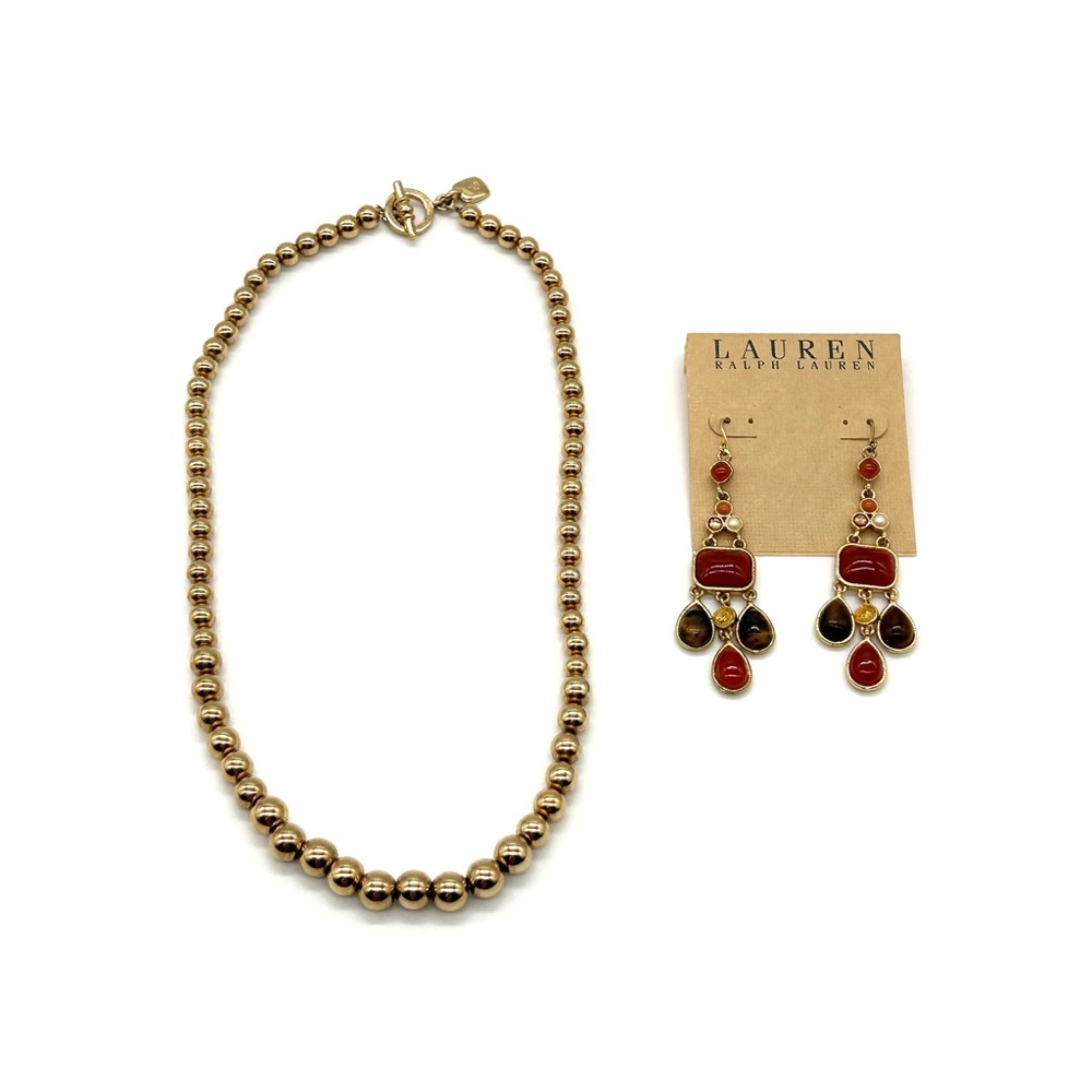 NWT Ralph Lauren Dangle Earrings & Gold Tone Graduated Bead Toggle Necklace 17" - Picture 3 of 16